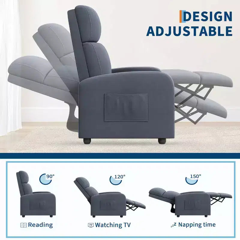 Fauteuil inclinable adulte confortable - Manuel, réglable, avec haut dossier, accoudoirs larges et poche latérale pour salon et cinéma maison