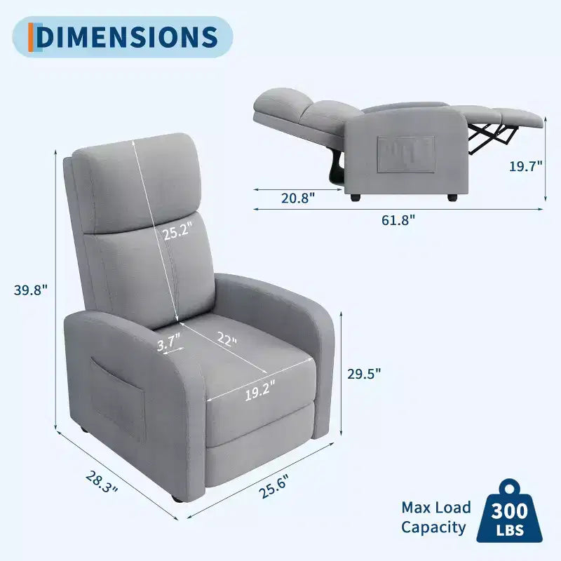 Fauteuil inclinable adulte confortable - Manuel, réglable, avec haut dossier, accoudoirs larges et poche latérale pour salon et cinéma maison