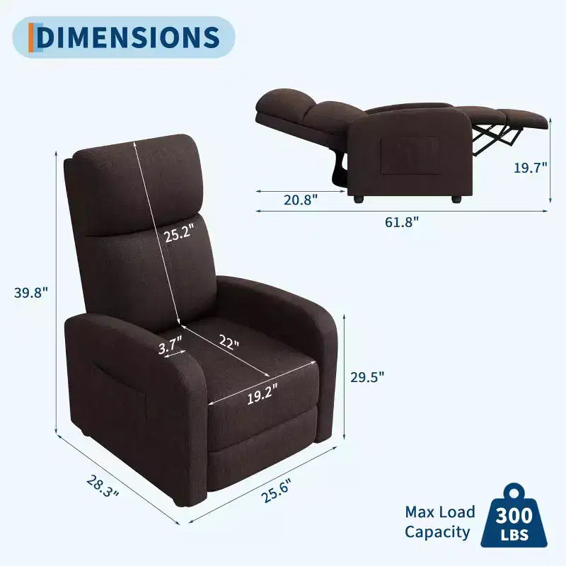 Fauteuil inclinable adulte confortable - Manuel, réglable, avec haut dossier, accoudoirs larges et poche latérale pour salon et cinéma maison