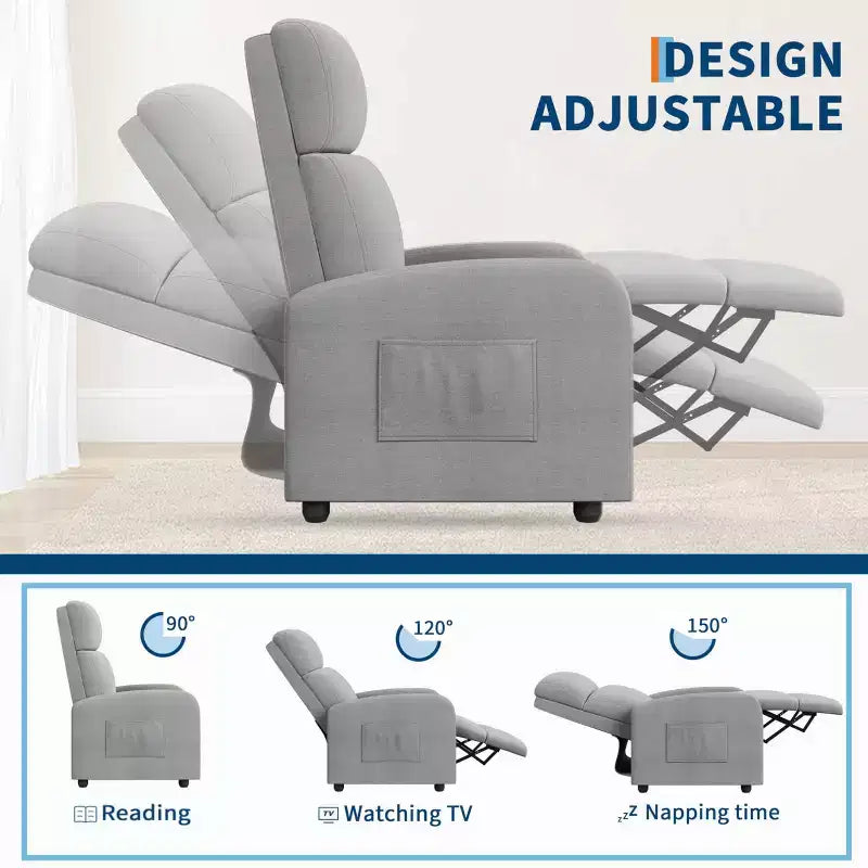 Fauteuil inclinable adulte confortable - Manuel, réglable, avec haut dossier, accoudoirs larges et poche latérale pour salon et cinéma maison