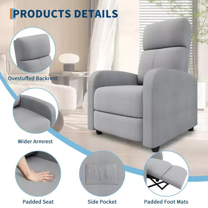 Fauteuil inclinable adulte confortable - Manuel, réglable, avec haut dossier, accoudoirs larges et poche latérale pour salon et cinéma maison