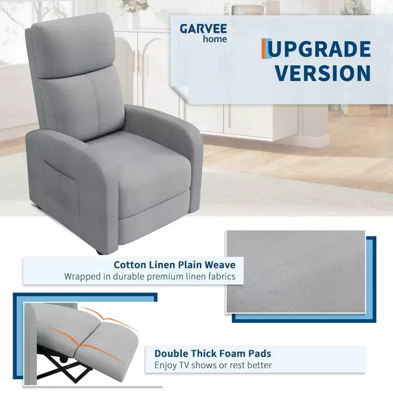 Fauteuil inclinable adulte confortable - Manuel, réglable, avec haut dossier, accoudoirs larges et poche latérale pour salon et cinéma maison