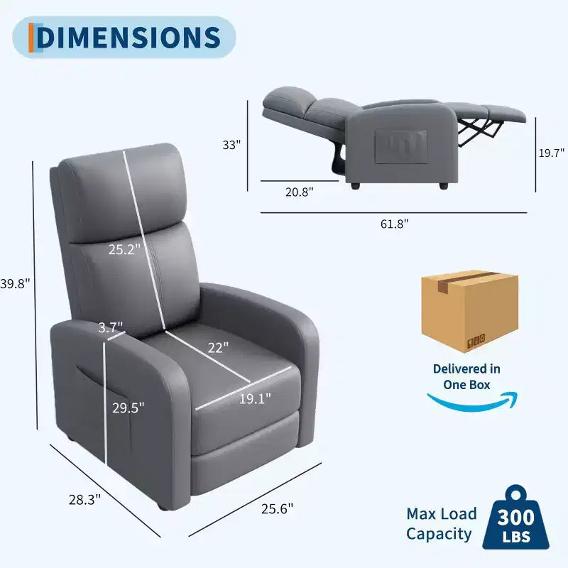 Fauteuil inclinable adulte confortable - Manuel, réglable, avec haut dossier, accoudoirs larges et poche latérale pour salon et cinéma maison