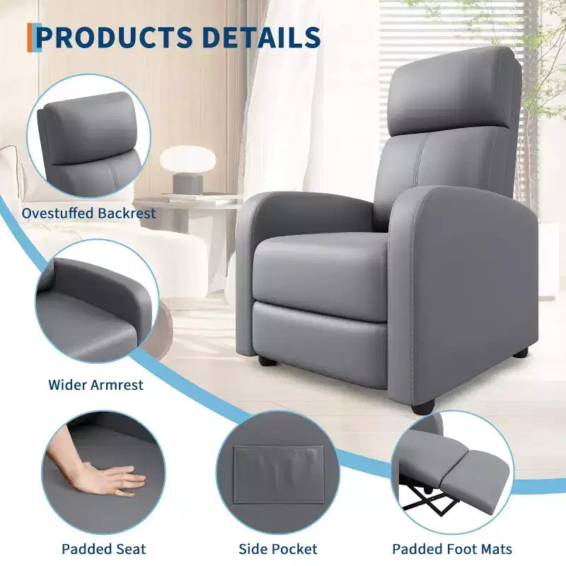 Fauteuil inclinable adulte confortable - Manuel, réglable, avec haut dossier, accoudoirs larges et poche latérale pour salon et cinéma maison