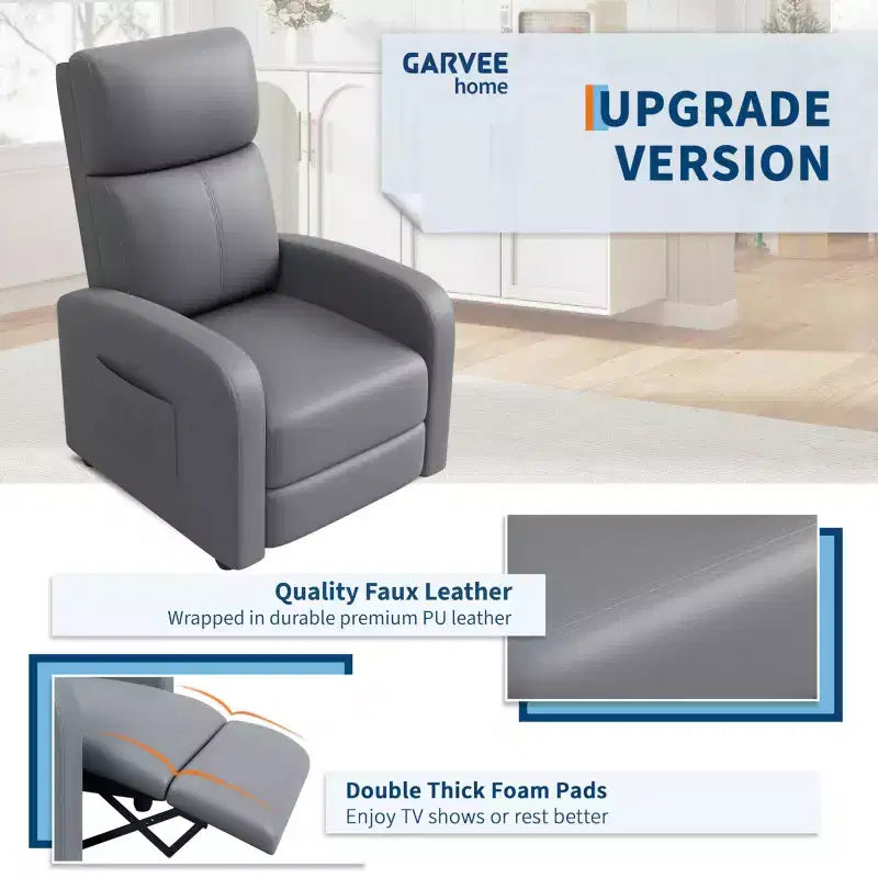 Fauteuil inclinable adulte confortable - Manuel, réglable, avec haut dossier, accoudoirs larges et poche latérale pour salon et cinéma maison