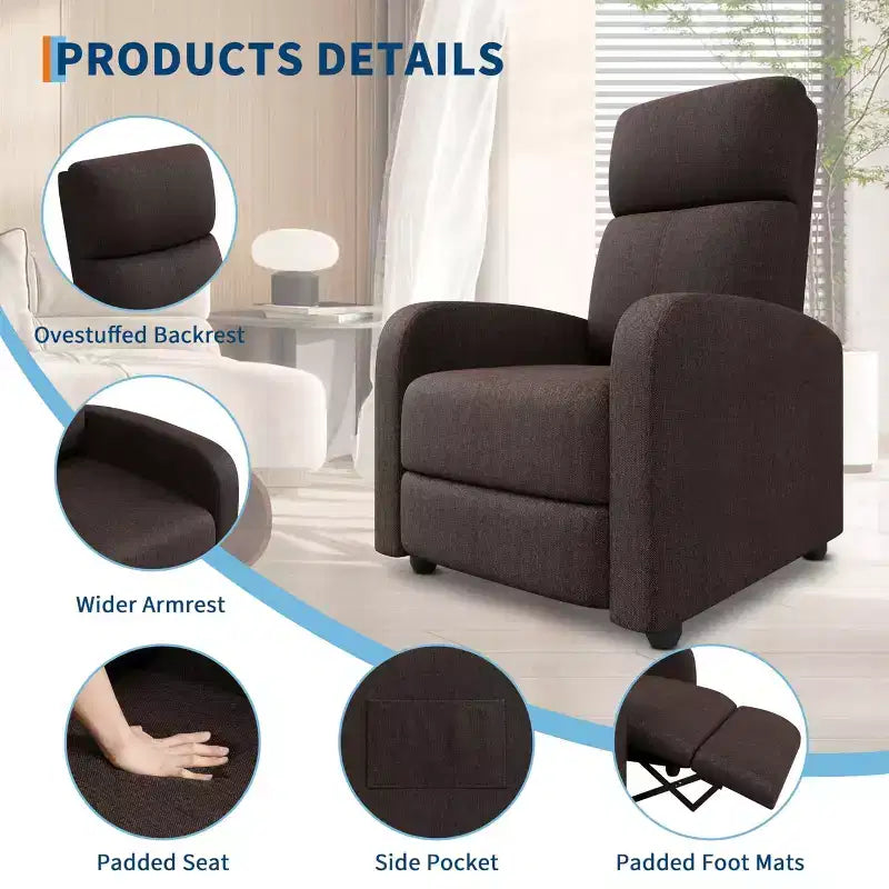 Fauteuil inclinable adulte confortable - Manuel, réglable, avec haut dossier, accoudoirs larges et poche latérale pour salon et cinéma maison