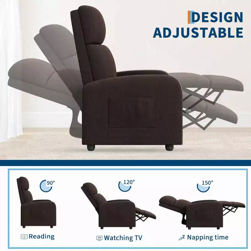 Fauteuil inclinable adulte confortable - Manuel, réglable, avec haut dossier, accoudoirs larges et poche latérale pour salon et cinéma maison