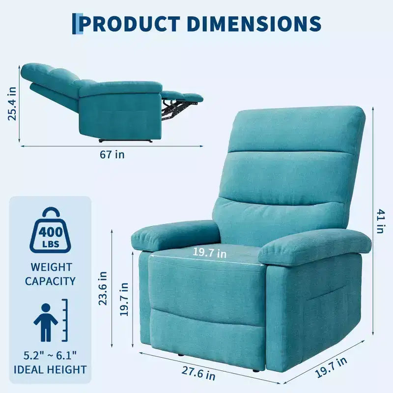 Fauteuil inclinable manuel en tissu avec poche latérale, canapé simple réglable avec support dorsal ergonomique pour chambre d'enfant