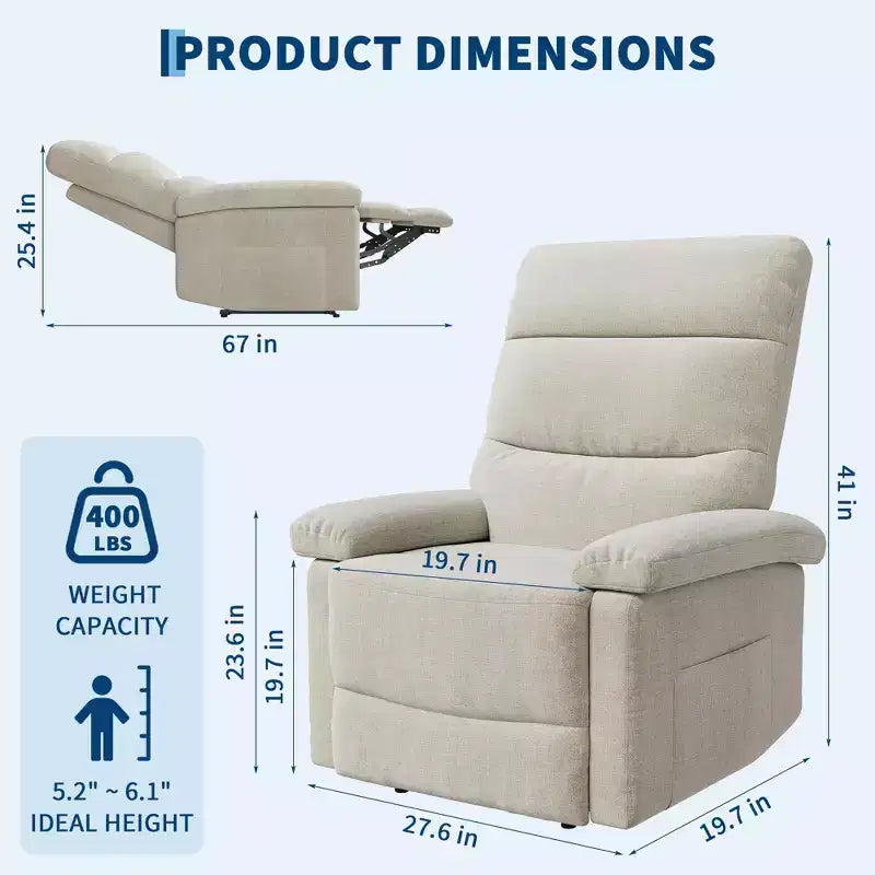 Fauteuil inclinable manuel en tissu avec poche latérale, canapé simple réglable avec support dorsal ergonomique pour chambre d'enfant