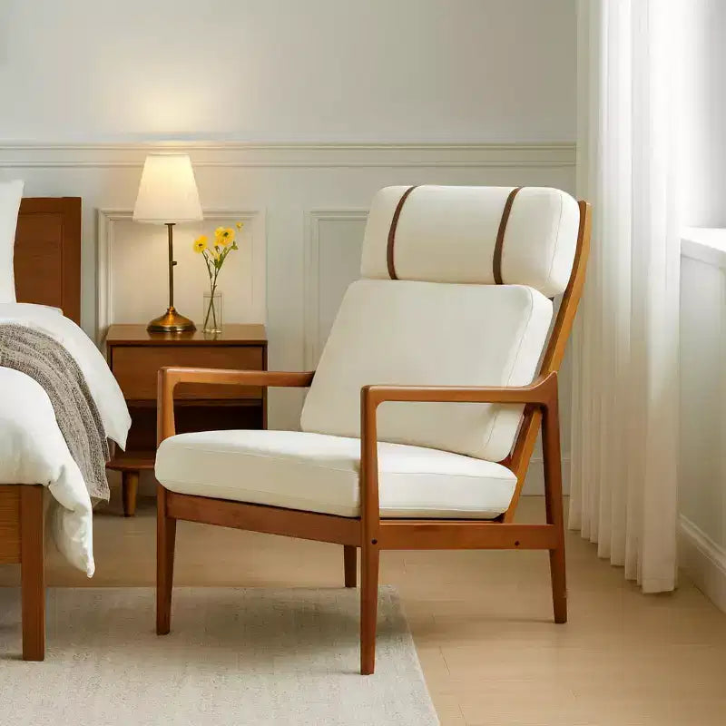 Fauteuil d'appoint moderne du milieu du siècle avec cadre en bois massif et coussins rembourrés, pour salon ou coin lecture, beige