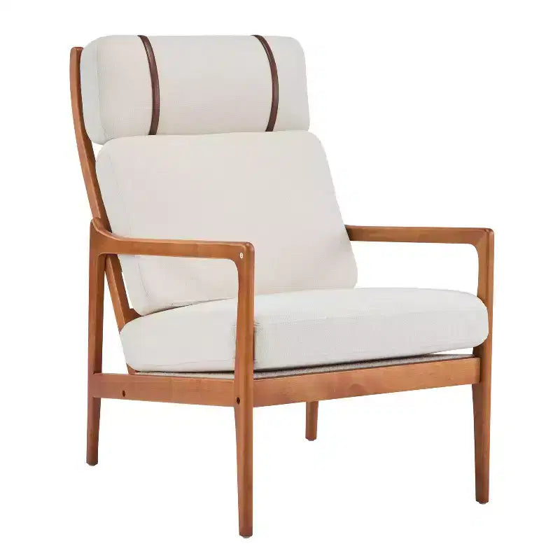 Fauteuil d'appoint moderne du milieu du siècle avec cadre en bois massif et coussins rembourrés, pour salon ou coin lecture, beige