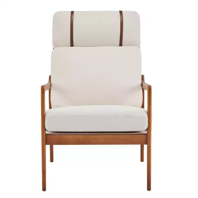 Fauteuil d'appoint moderne du milieu du siècle avec cadre en bois massif et coussins rembourrés, pour salon ou coin lecture, beige