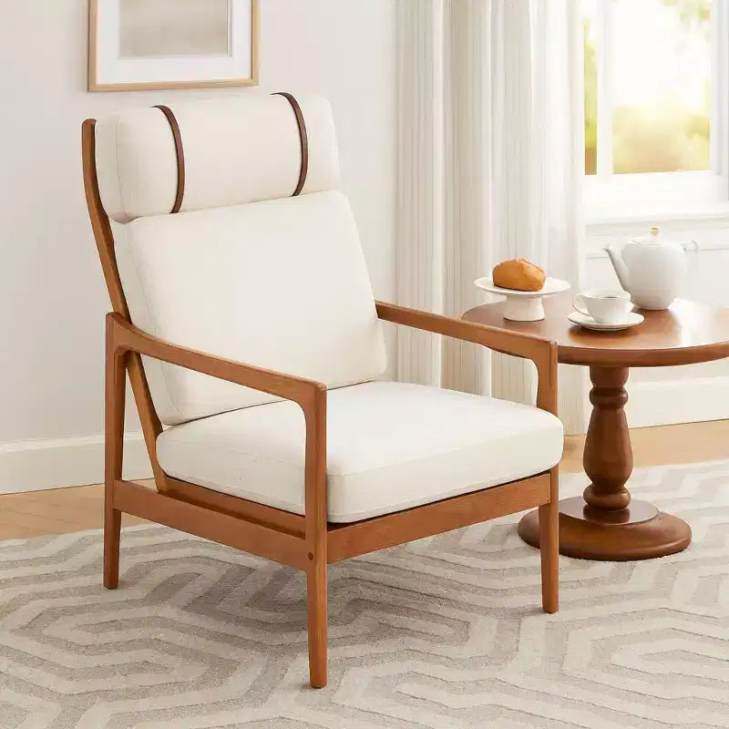 Fauteuil d'appoint moderne du milieu du siècle avec cadre en bois massif et coussins rembourrés, pour salon ou coin lecture, beige