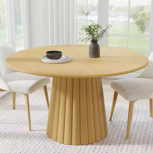 Table à manger ronde en bois de 52 po pour 4 à 6 personnes avec plateau à bord arqué et base conique texturée pour salon/salle à manger/café/bureau Naturel