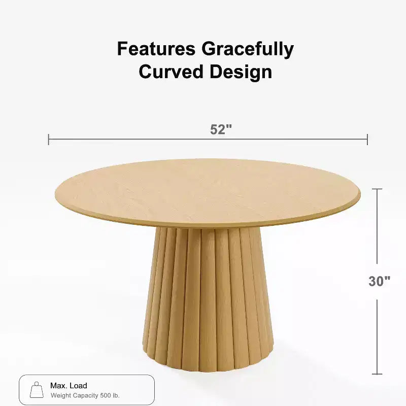 Table à manger ronde en bois de 52 po pour 4 à 6 personnes avec plateau à bord arqué et base conique texturée pour salon/salle à manger/café/bureau Naturel