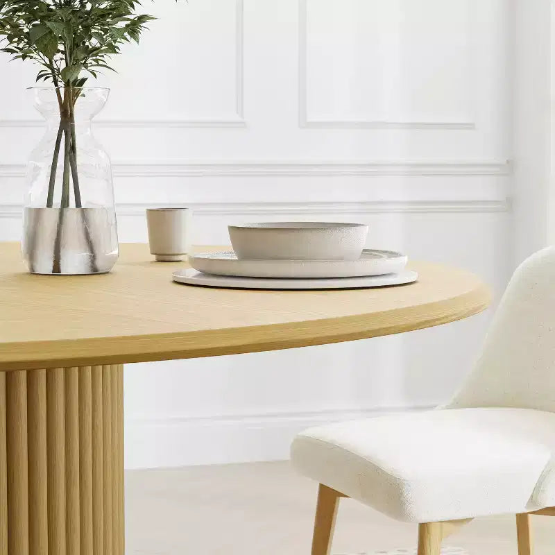 Table à manger ronde en bois de 52 po pour 4 à 6 personnes avec plateau à bord arqué et base conique texturée pour salon/salle à manger/café/bureau Naturel