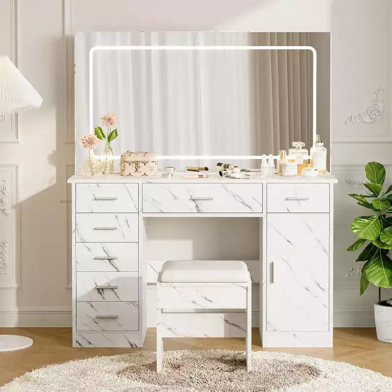 COZONY Modern Makeup Vanity Set, 7-Drawer Dressing Table with Large LED Mirror, Adjustable Brightness, Cushioned Stool & Hidden Storage, Marble White