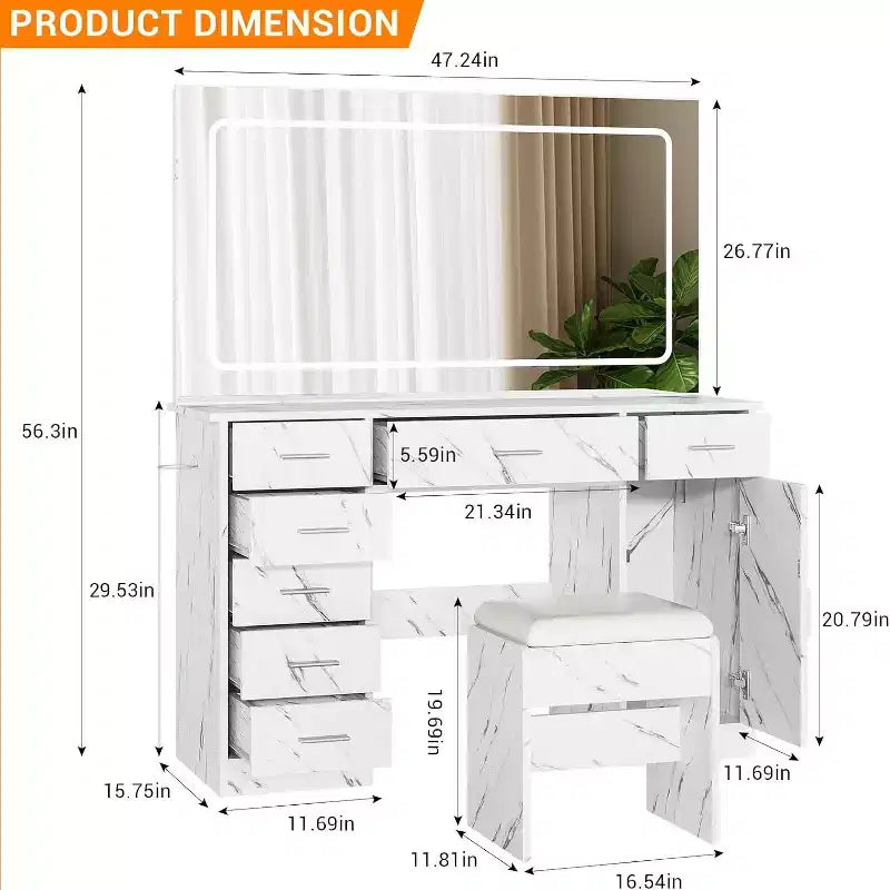 Coiffeuse moderne avec 7 tiroirs, grand miroir LED, luminosité réglable, tabouret rembourré et rangement caché, blanc marbre