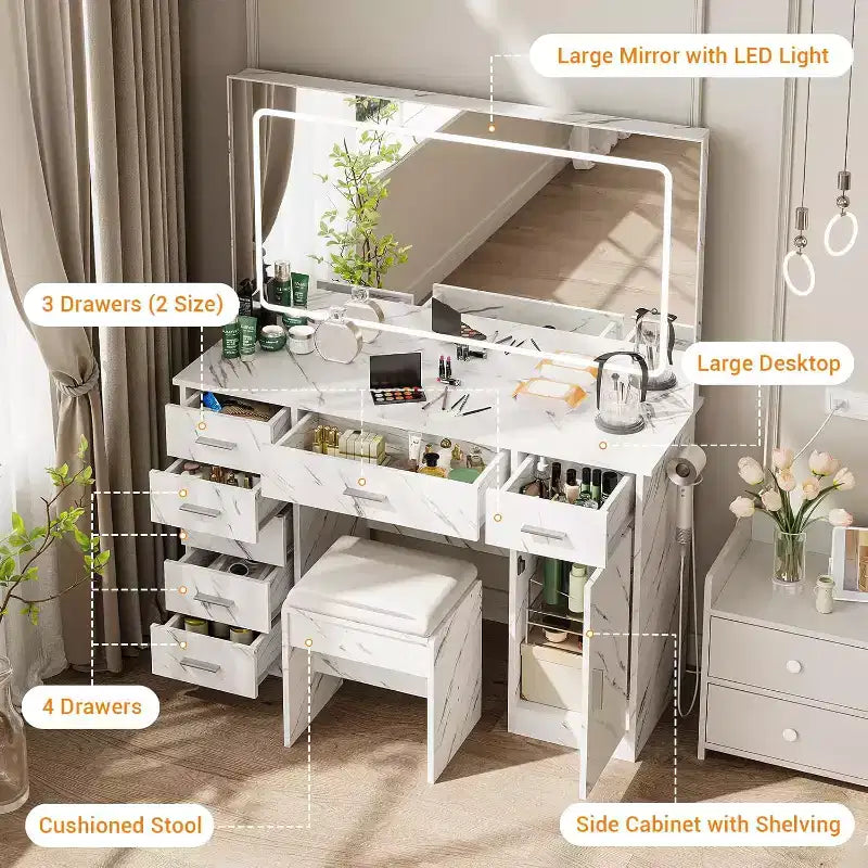 Coiffeuse moderne avec 7 tiroirs, grand miroir LED, luminosité réglable, tabouret rembourré et rangement caché, blanc marbre