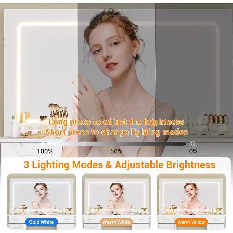 Coiffeuse moderne avec 7 tiroirs, grand miroir LED, luminosité réglable, tabouret rembourré et rangement caché, blanc marbre