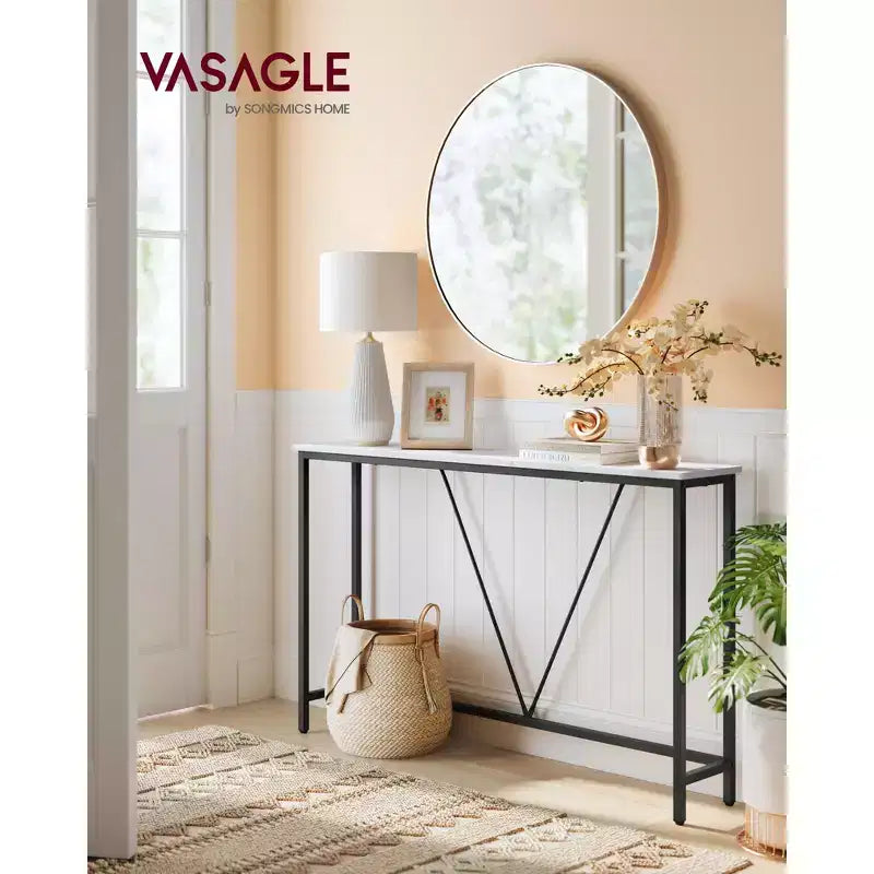 Console étroite avec cadre en acier, table de canapé de 120 cm pour entrée, salon, chambre, design industriel