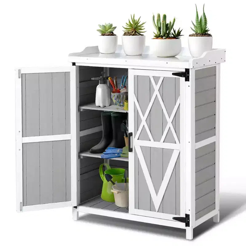 Outdoor Storage Cabinet, Potting Bench - Waterproof Wooden Garden Work Station with Galvanized Tabletop, Adjustable Shelves for Backyard/Patio/Lawn