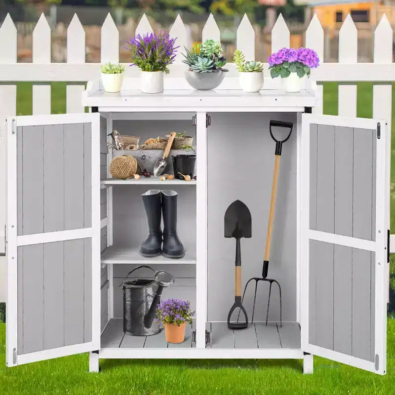 Meuble de rangement extérieur, établi de jardinage - Station de travail de jardin en bois étanche avec plateau galvanisé, étagères réglables pour jardin/terrasse/pelouse