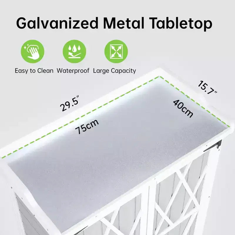 Meuble de rangement extérieur, établi de jardinage - Station de travail de jardin en bois étanche avec plateau galvanisé, étagères réglables pour jardin/terrasse/pelouse