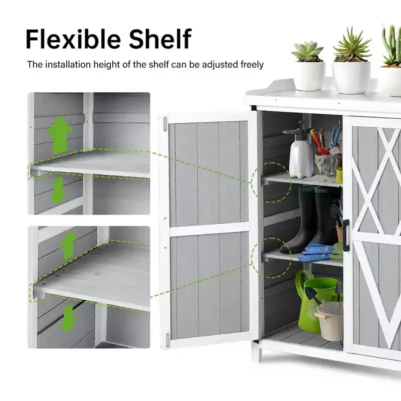 Meuble de rangement extérieur, établi de jardinage - Station de travail de jardin en bois étanche avec plateau galvanisé, étagères réglables pour jardin/terrasse/pelouse