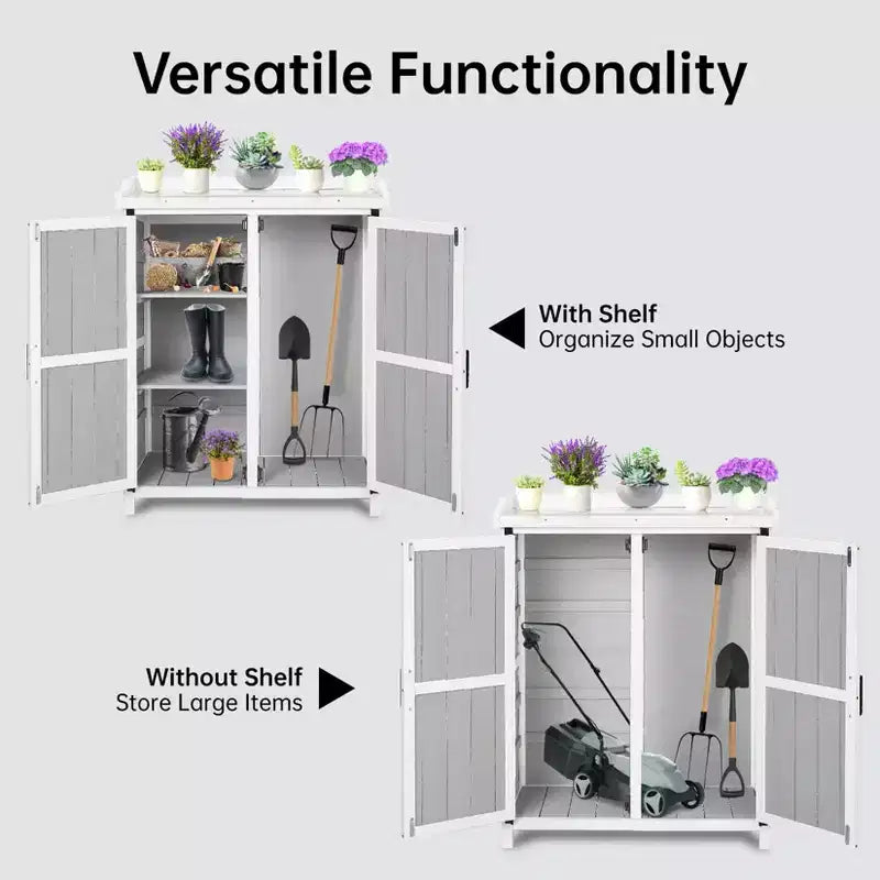 Meuble de rangement extérieur, établi de jardinage - Station de travail de jardin en bois étanche avec plateau galvanisé, étagères réglables pour jardin/terrasse/pelouse