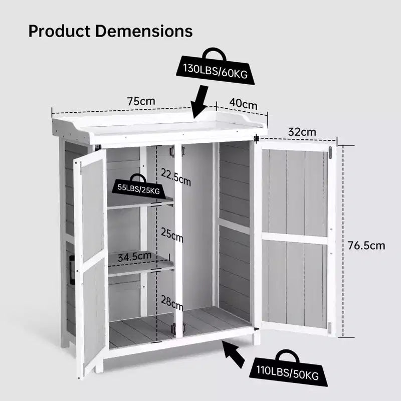 Meuble de rangement extérieur, établi de jardinage - Station de travail de jardin en bois étanche avec plateau galvanisé, étagères réglables pour jardin/terrasse/pelouse