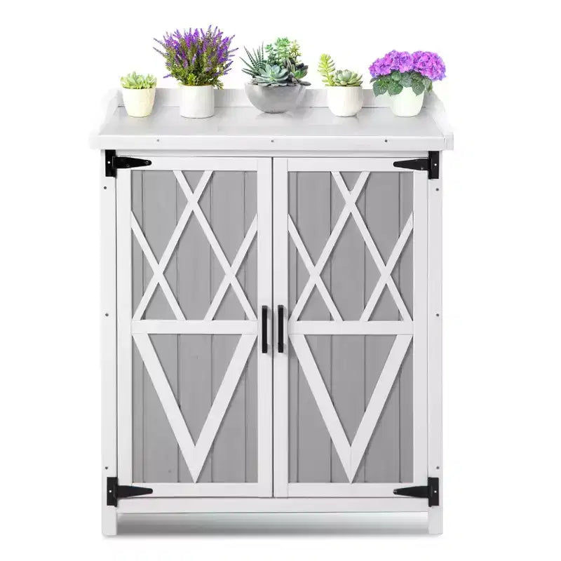 Meuble de rangement extérieur, établi de jardinage - Station de travail de jardin en bois étanche avec plateau galvanisé, étagères réglables pour jardin/terrasse/pelouse