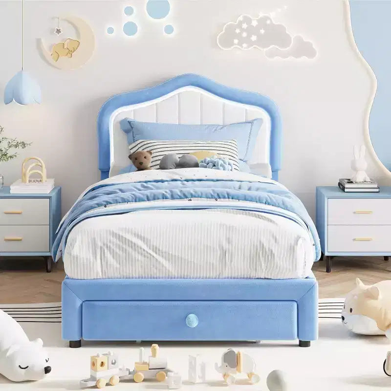 Twin Velvet Bed Frame with Glow Feature, Storage Drawer, Upholstered Headboard, No Box Spring, Blue