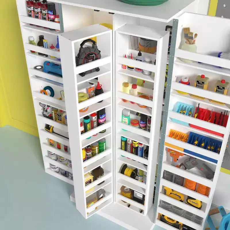 Armoire de rangement de garage avec étagères rotatives et compartiments de porte, organisateur multicouche, construction robuste, pour outils et fournitures de jardin