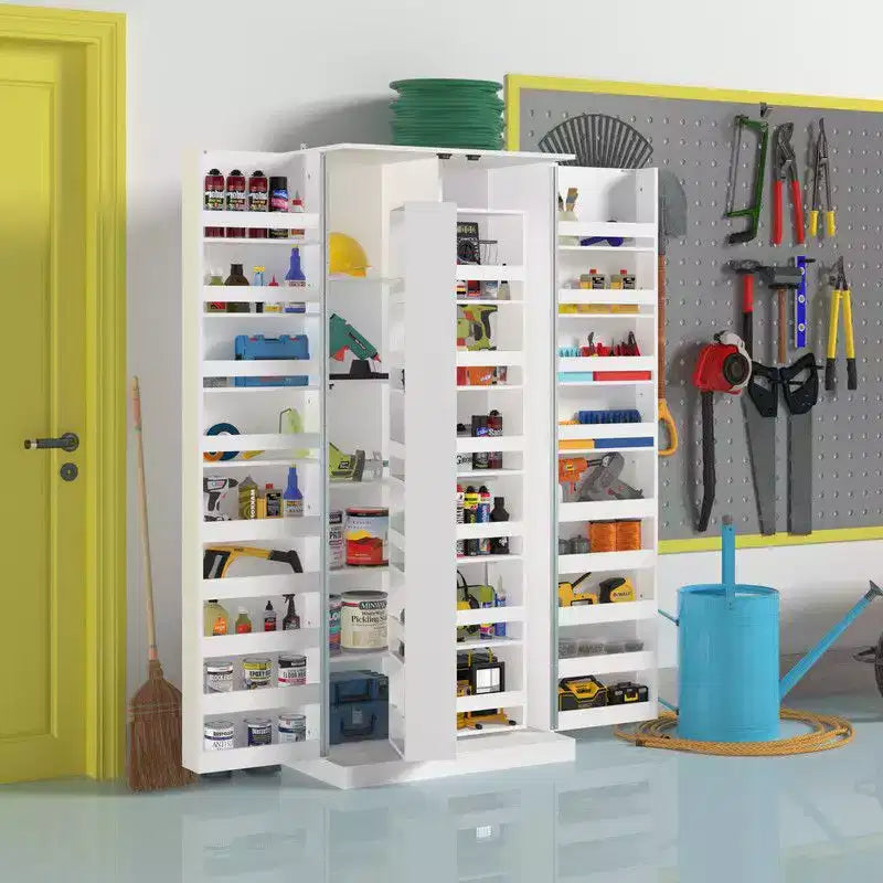 Armoire de rangement de garage avec étagères rotatives et compartiments de porte, organisateur multicouche, construction robuste, pour outils et fournitures de jardin