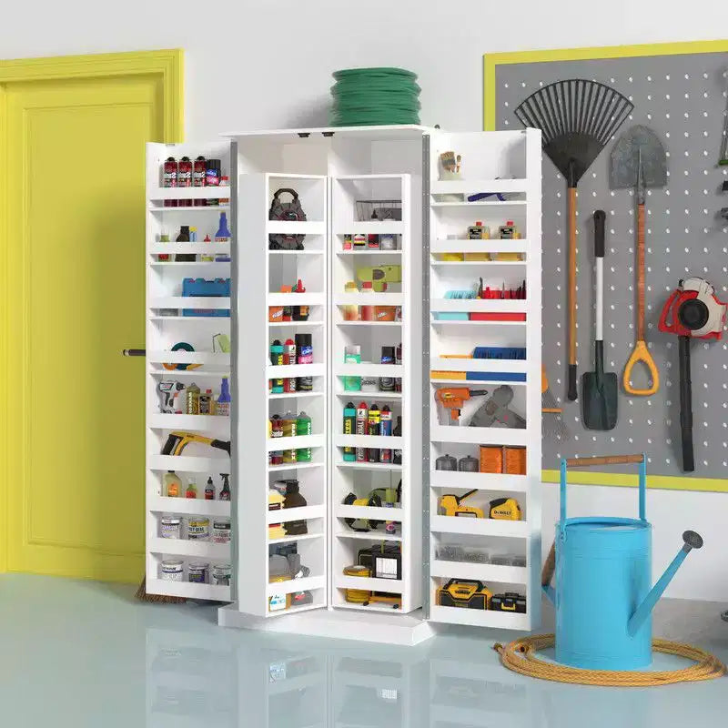 Armoire de rangement de garage avec étagères rotatives et compartiments de porte, organisateur multicouche, construction robuste, pour outils et fournitures de jardin