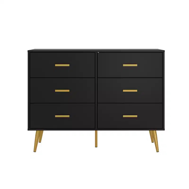 Wooden Chest of Drawers, Modern 6 Drawer Storage Cabinet with Gold Handles and Sturdy Metal Legs, Bedroom Drawer Organizer for Living Room, Hallway