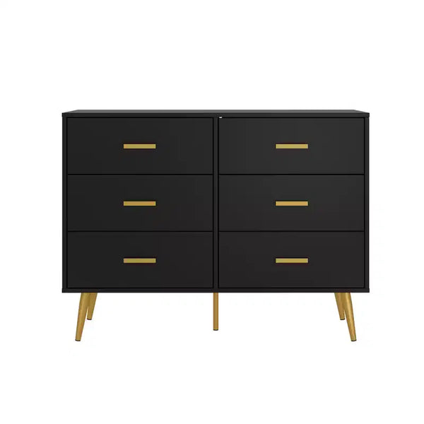 Wooden Chest of Drawers, Modern 6 Drawer Storage Cabinet with Gold Handles and Sturdy Metal Legs, Bedroom Drawer Organizer for Living Room, Hallway
