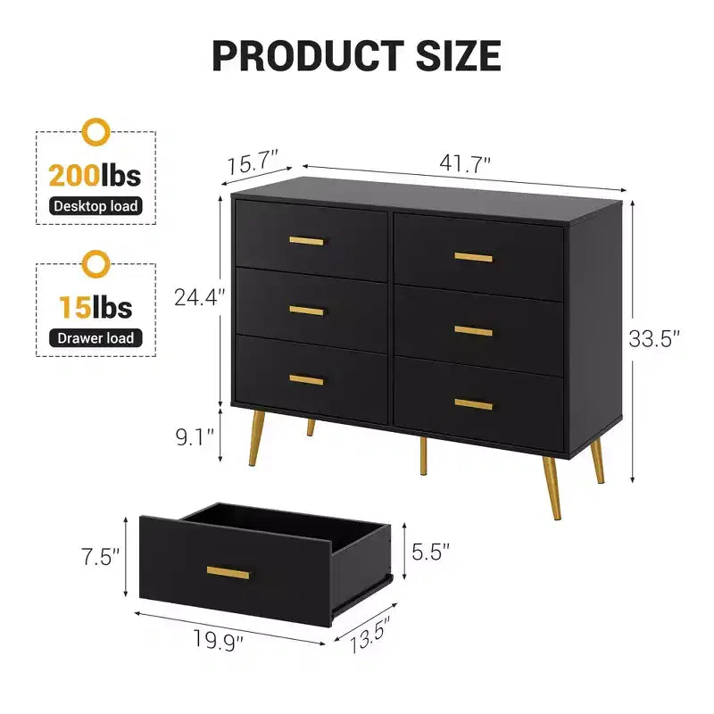 Commode moderne à 6 tiroirs avec poignées dorées et pieds métalliques robustes, organisateur de tiroirs pour chambre à coucher, salon, couloir