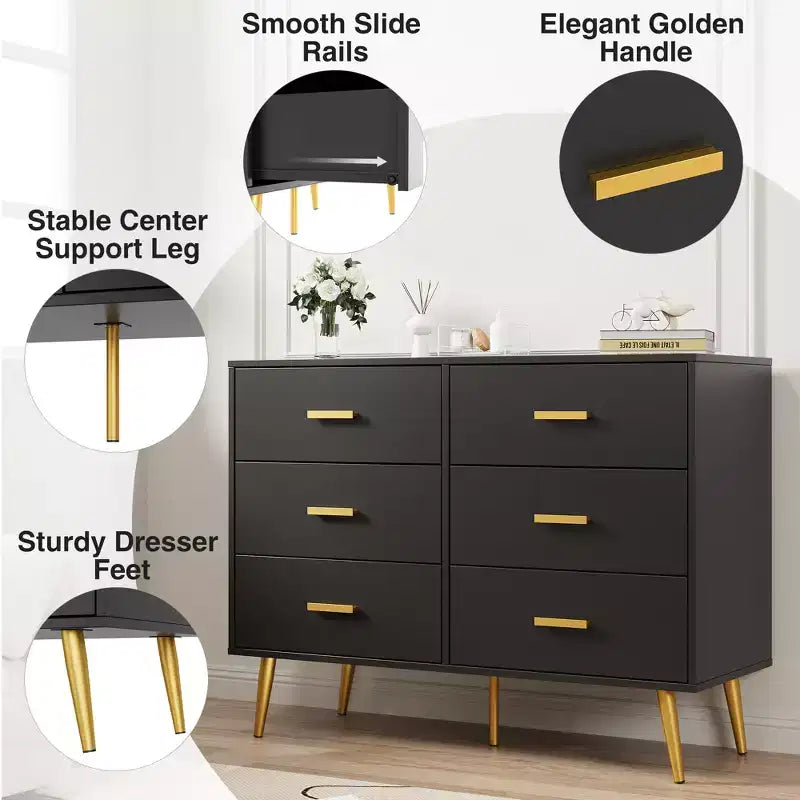 Commode moderne à 6 tiroirs avec poignées dorées et pieds métalliques robustes, organisateur de tiroirs pour chambre à coucher, salon, couloir