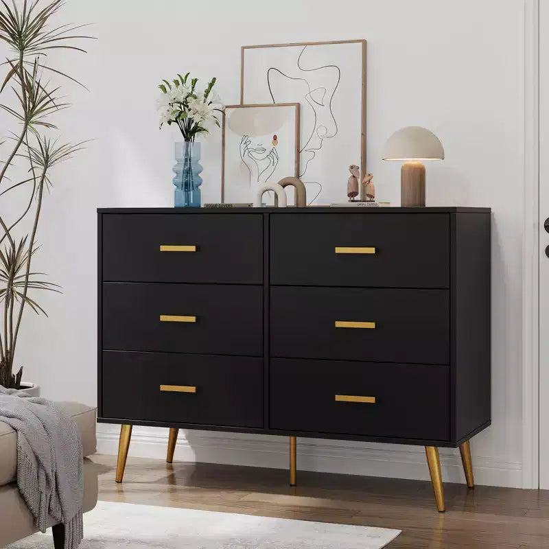 Commode moderne à 6 tiroirs avec poignées dorées et pieds métalliques robustes, organisateur de tiroirs pour chambre à coucher, salon, couloir