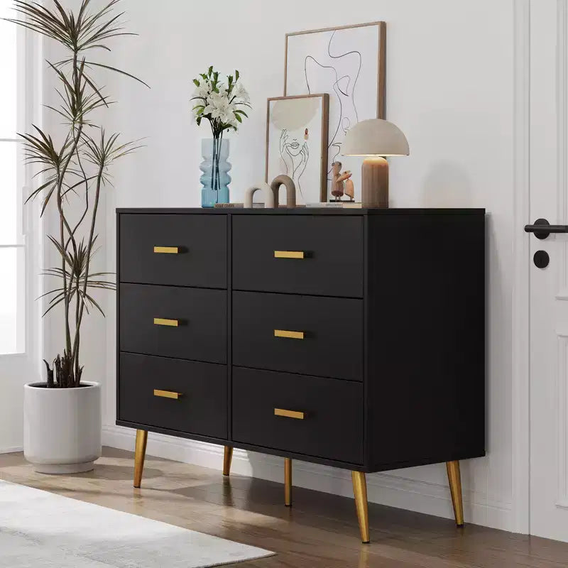 Commode moderne à 6 tiroirs avec poignées dorées et pieds métalliques robustes, organisateur de tiroirs pour chambre à coucher, salon, couloir