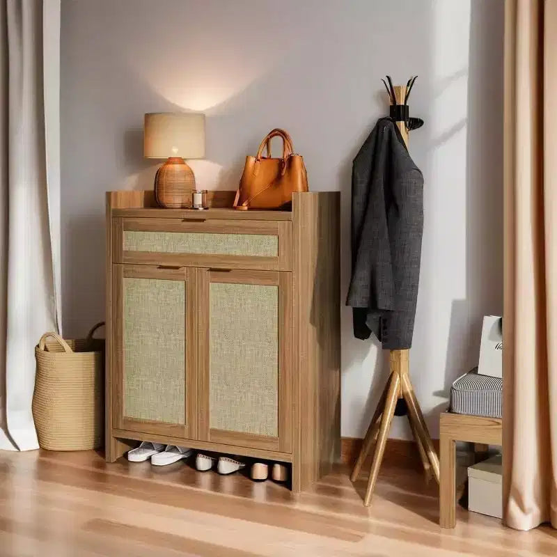 COZONY 2-Piece Rattan Shoe Cabinet Set, Adjustable Shelf Storage Organizer with Drawer, Farmhouse Style Entryway Cabinet for Hallway