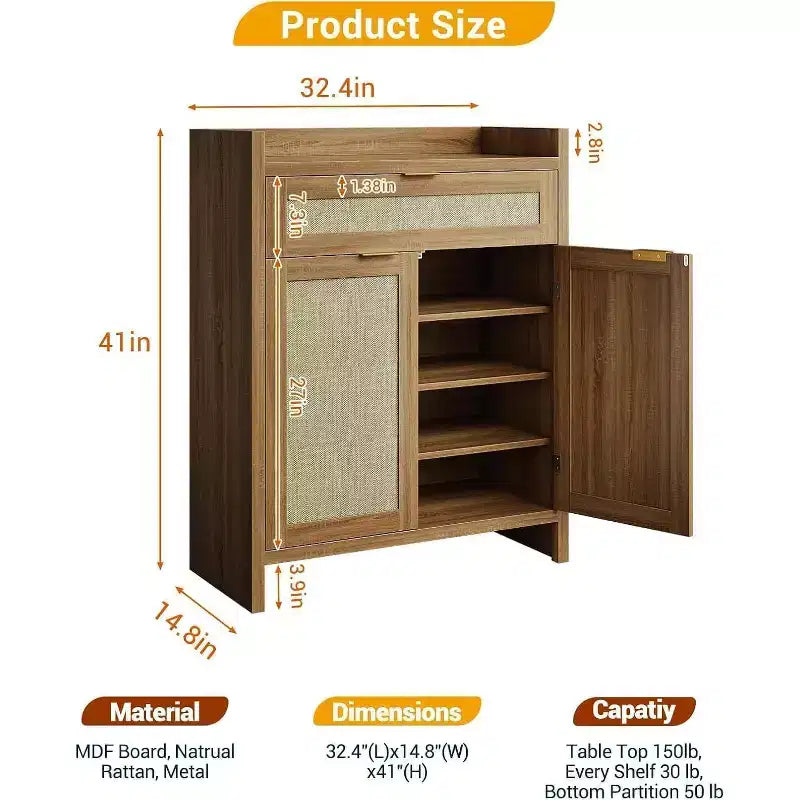 Ensemble de 2 meubles à chaussures en rotin, meuble de rangement avec étagère réglable et tiroir, style ferme pour entrée et couloir