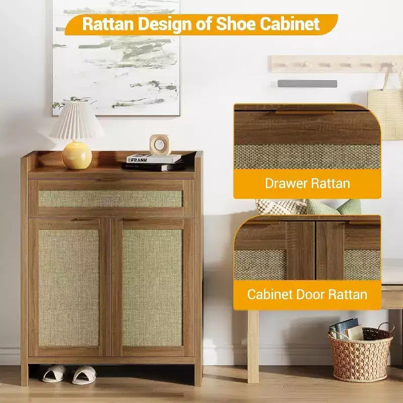 Ensemble de 2 meubles à chaussures en rotin, meuble de rangement avec étagère réglable et tiroir, style ferme pour entrée et couloir