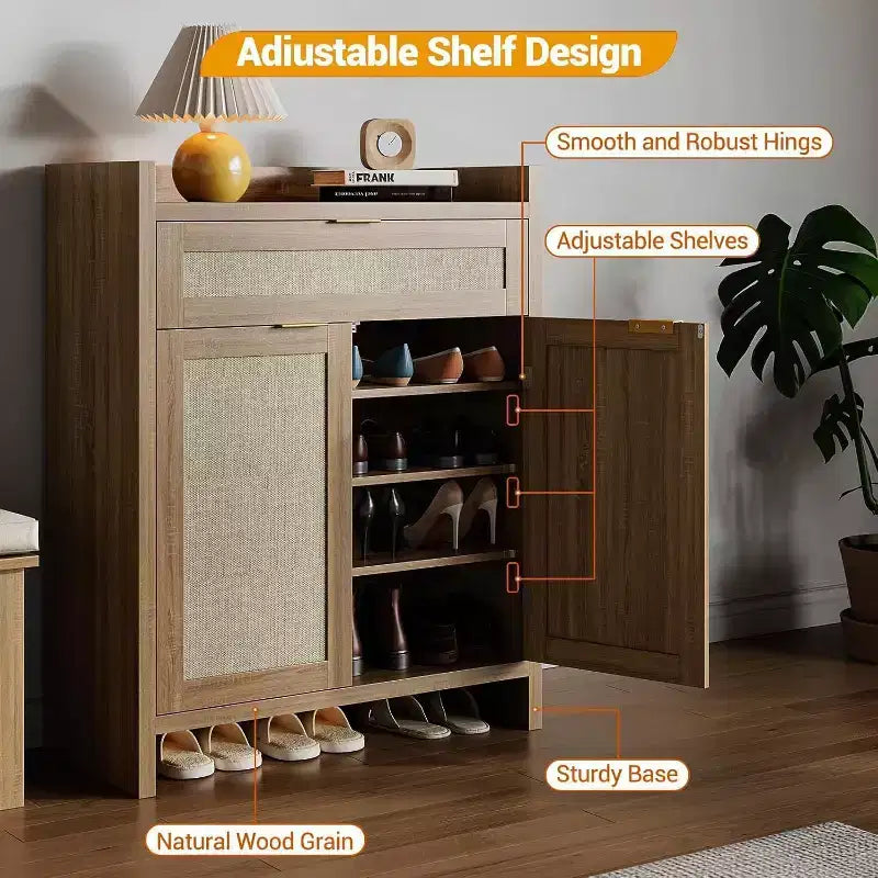 Ensemble de 2 meubles à chaussures en rotin, meuble de rangement avec étagère réglable et tiroir, style ferme pour entrée et couloir