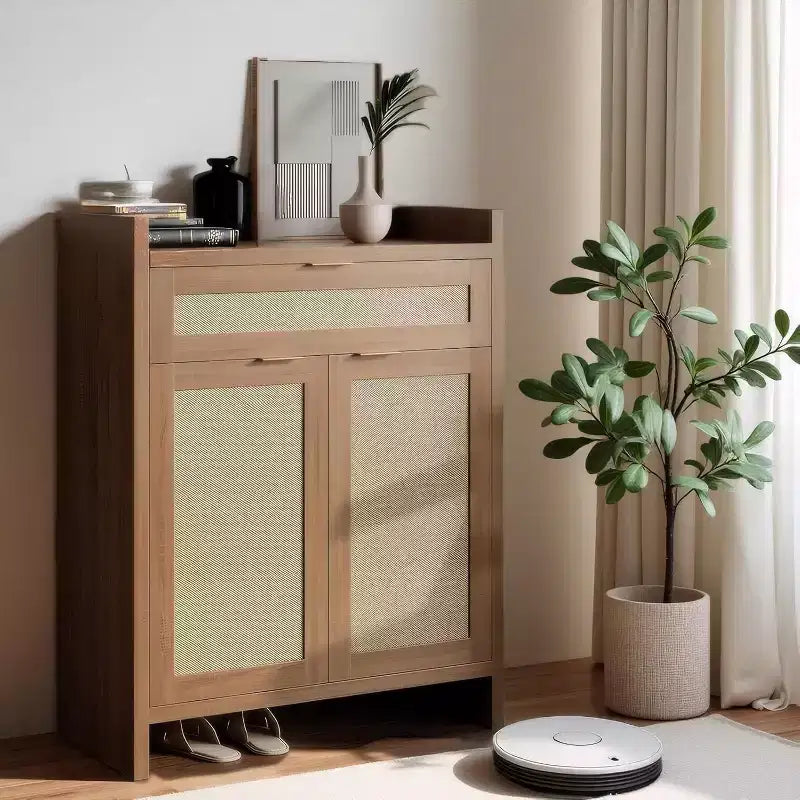 Ensemble de 2 meubles à chaussures en rotin, meuble de rangement avec étagère réglable et tiroir, style ferme pour entrée et couloir