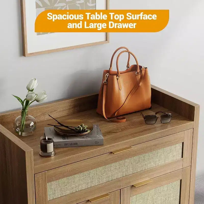 Ensemble de 2 meubles à chaussures en rotin, meuble de rangement avec étagère réglable et tiroir, style ferme pour entrée et couloir
