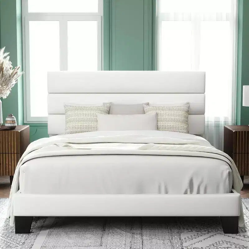 Allewie Velvet Upholstered Bed with Wooden Slats, No Box Spring Needed, Easy Assembly, White