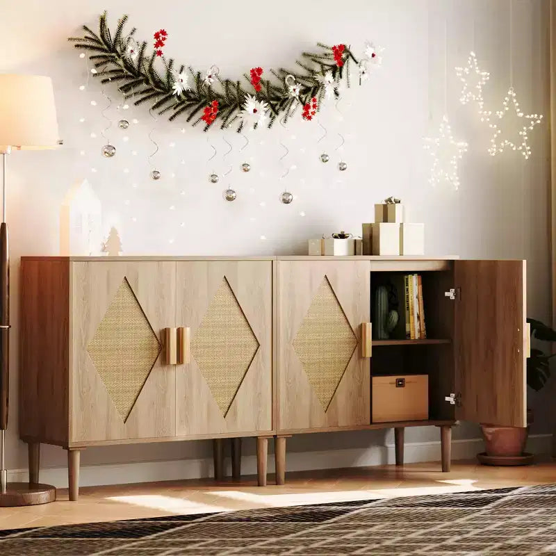 Rattan Sideboard with Double Doors, Bohemian Storage Cabinet with Drawers for Dining Room and Living Room